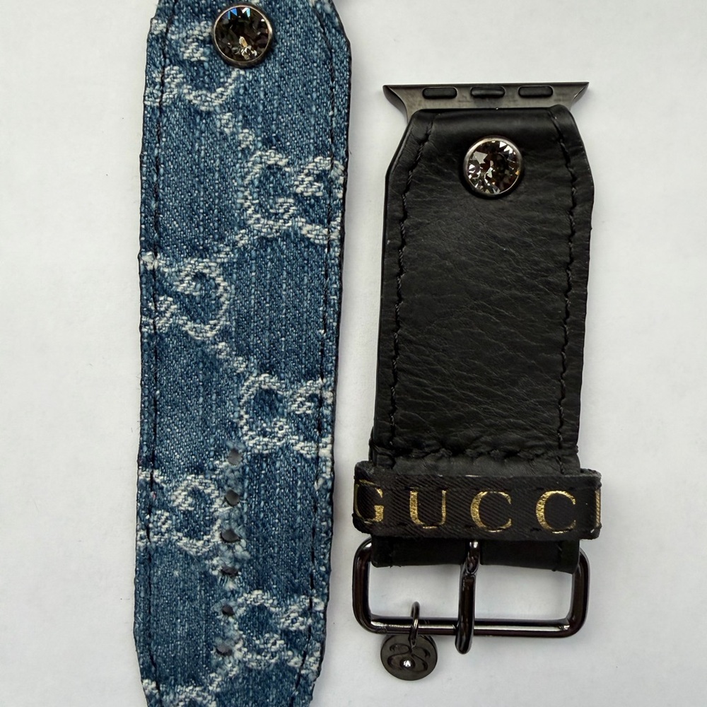 Authentic Upcycled Denim GG /Black Leather J/H with Gucci Ribbon Keeper, size 3